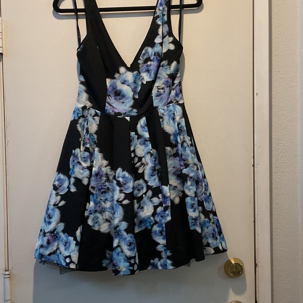 Bebe Floral V-Neck Fit & Flare Mini Dress in Blue and Black